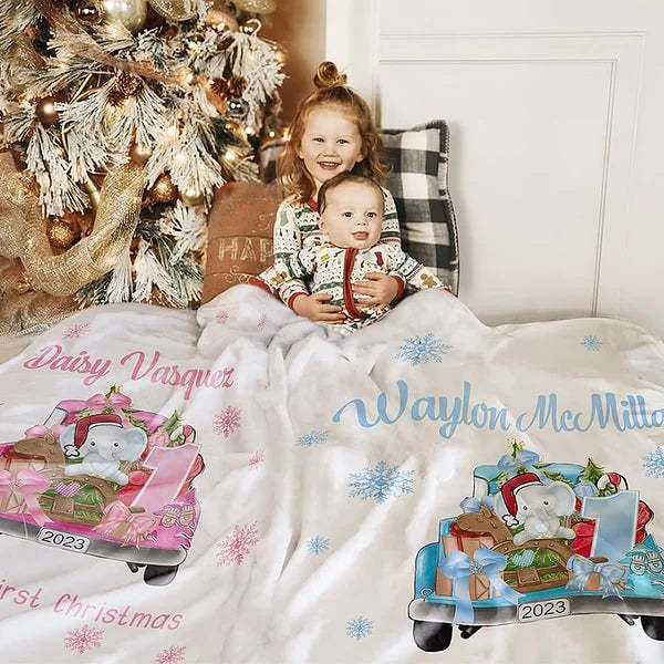 Baby's First Christmas Blanket Personalized Cute Animal on Gift Truck with Custom Name - Get Photo Blanket