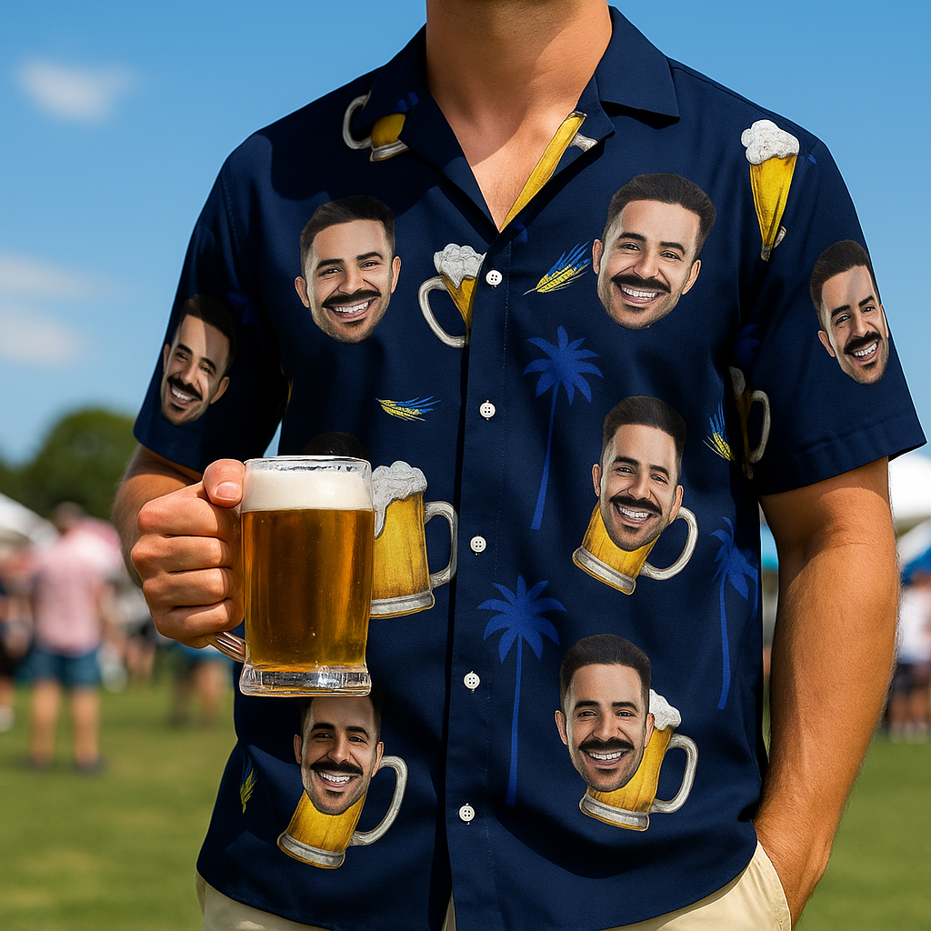Custom Face Hawaiian Shirt Navy Blue with Beer Design Funny Vacation Style Men Shirt - Get Photo Blanket