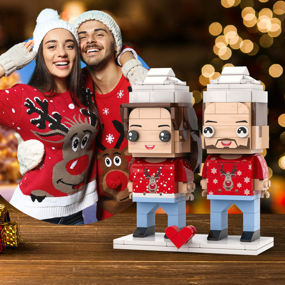 Ugly Christmas Sweater Personalized Fully Body 2 People Custom Brick Figures Christmas Deer Style - Get Photo Blanket