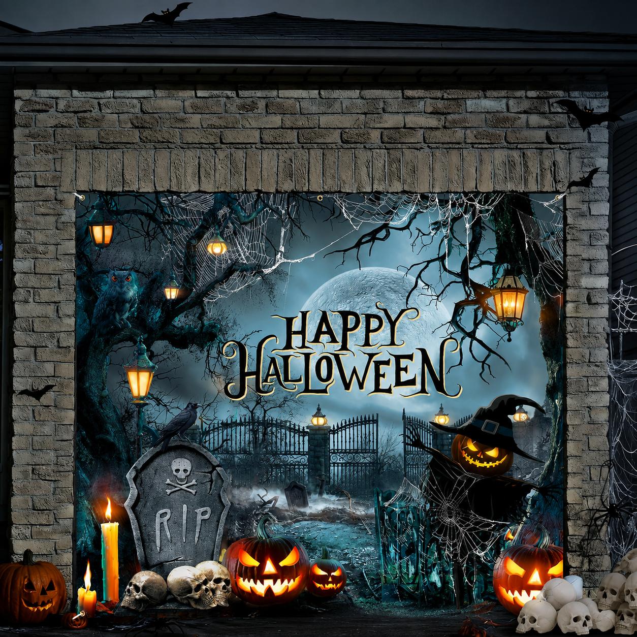 Large Halloween Garage Door Decoration Banner, Outdoor Holiday Backdrop & Themed Scene Decor