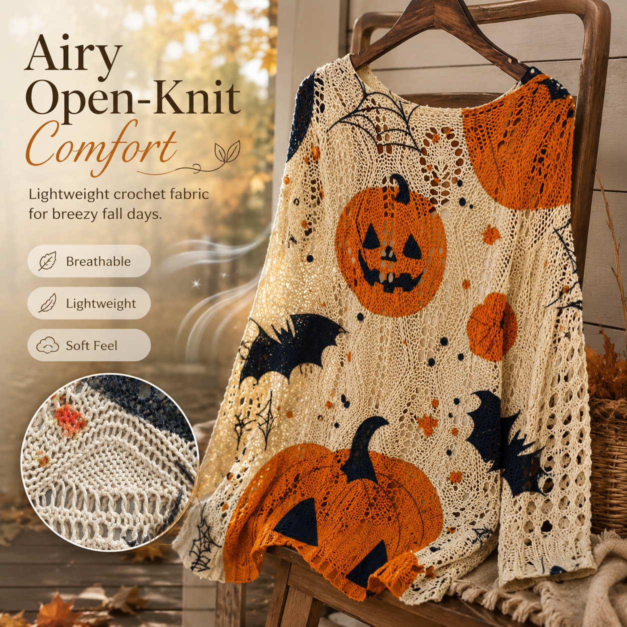 Halloween Pumpkin & Bat Open-Knit Sweater, Retro Relaxed Loose Fit for Fall Parties and Everyday Outfits