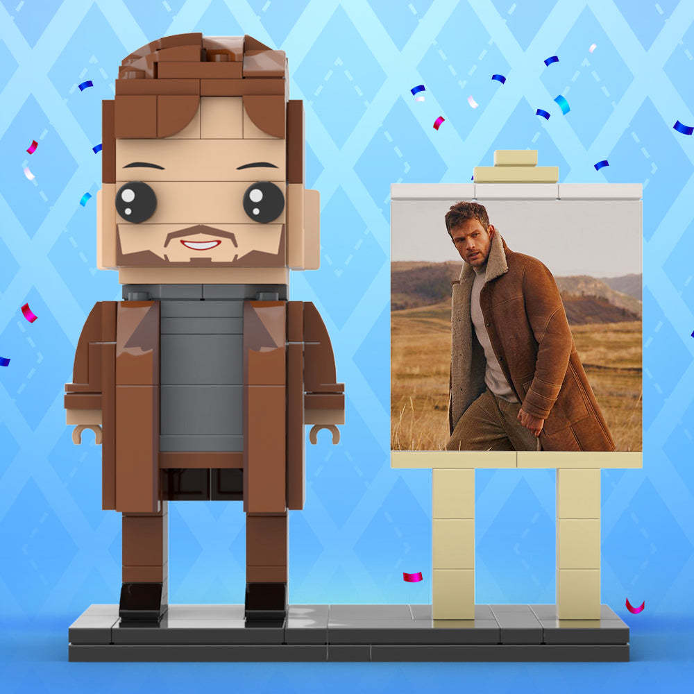 Full Body Customizable 1 Person Cool Young Daddy In Long Brown Coat Custom Brick with Frame Figures Small Particle Block Toy Brick Me Figures For Father's Day - Get Photo Blanket