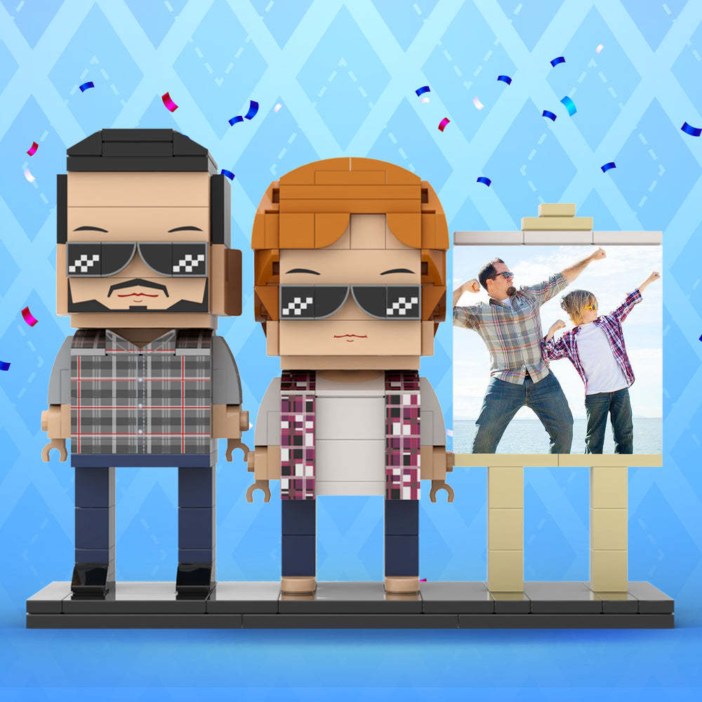 Full Body Customizable 2 People Daddy And His Son Have a Pose Towards Sun Photo Frame Personalized Custom Brick Figures Small Particle Block Toy Personalized For Father's Day - Get Photo Blanket