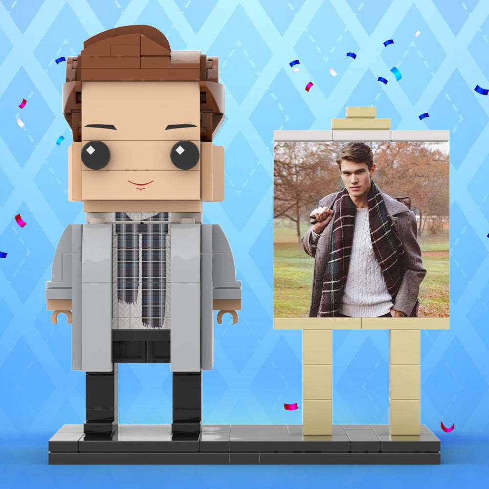 Full Body Customizable 1 Person Stylish Young Daddy With Scarf Custom Brick with Frame Figures Small Particle Block Toy Brick Me Figures For Father's Day - Get Photo Blanket