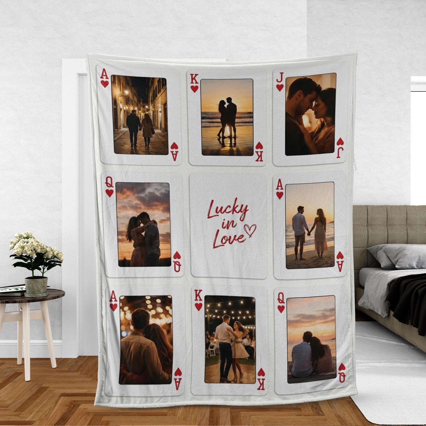 Personalized Playing Cards Fleece Blanket: Custom Photo Red Rose Valentine's Day Anniversary Gift