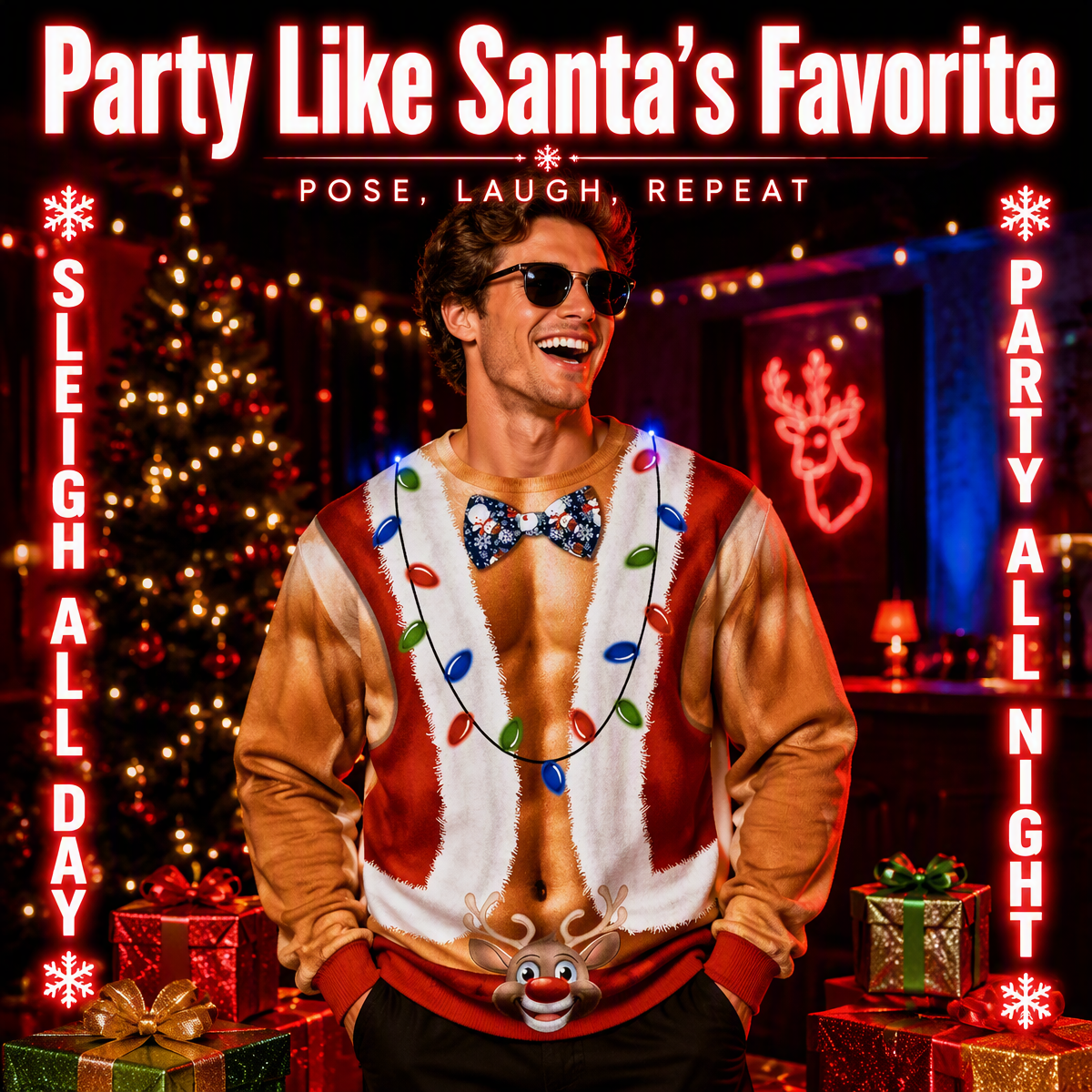 Funny Ripped Santa Muscle Abs Ugly Christmas Sweater – 3D Printed Christmas Lights & Reindeer Bowtie Sweatshirt, Novelty Holiday Party Outfit - Get Photo Blanket