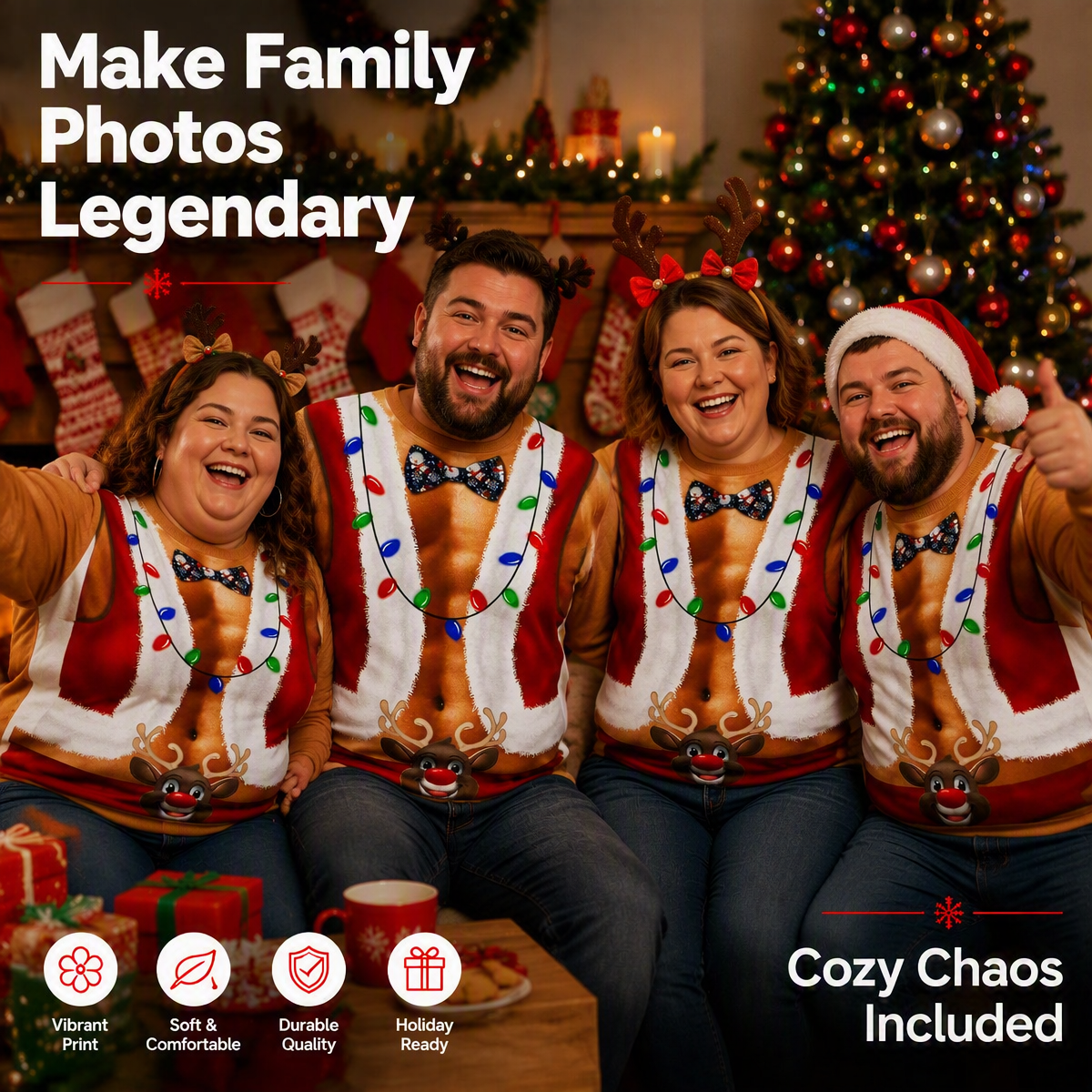 Funny Ripped Santa Muscle Abs Ugly Christmas Sweater – 3D Printed Christmas Lights & Reindeer Bowtie Sweatshirt, Novelty Holiday Party Outfit - Get Photo Blanket