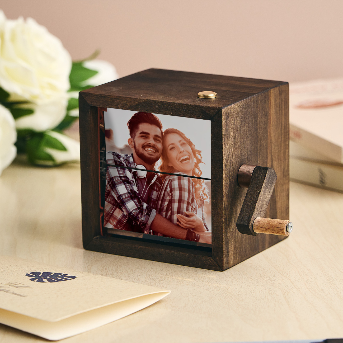 Custom Artisanal Flipbook Photo Display Personalized Walnut Hand-Cranked Cube with Light Perfect Gift - Get Photo Blanket