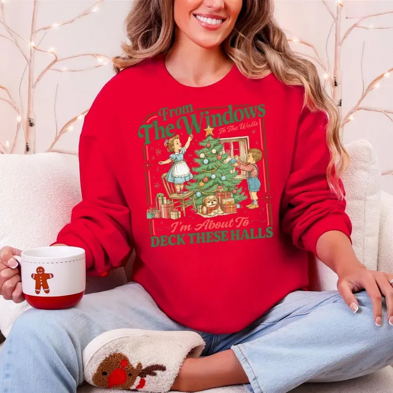 Funny Christmas Crewneck Sweatshirt - Vintage Deck These Halls Holiday Sweater for Men & Women