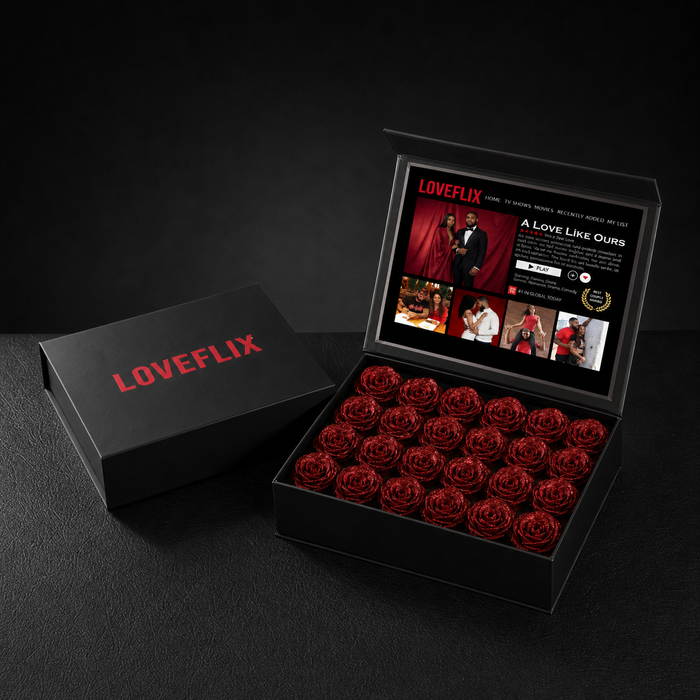 Custom LOVEFLIX Keepsake Box With Glitter Roses – Personalized Loveflix-Style Couple Gifts