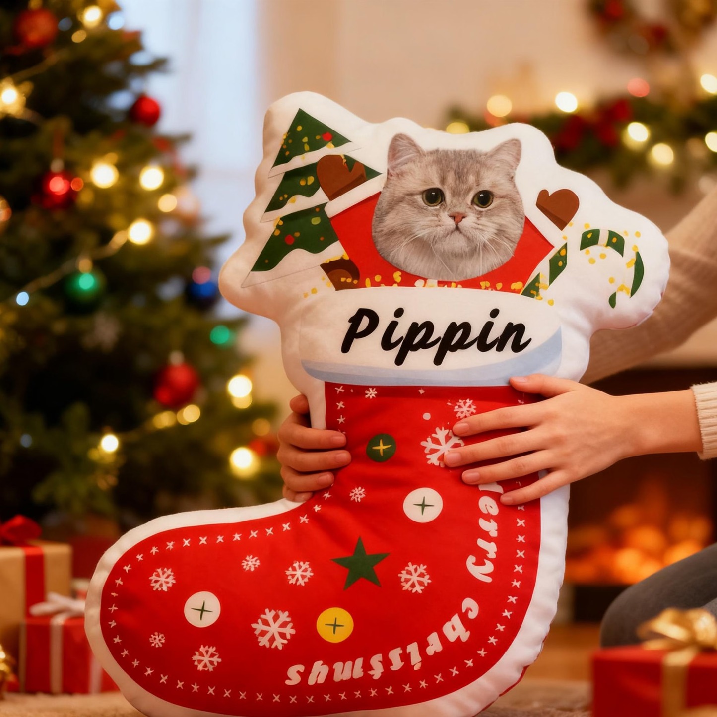Custom Pet Christmas Stocking Pillow, Personalized Portrait & Name, Pet Face Cushion