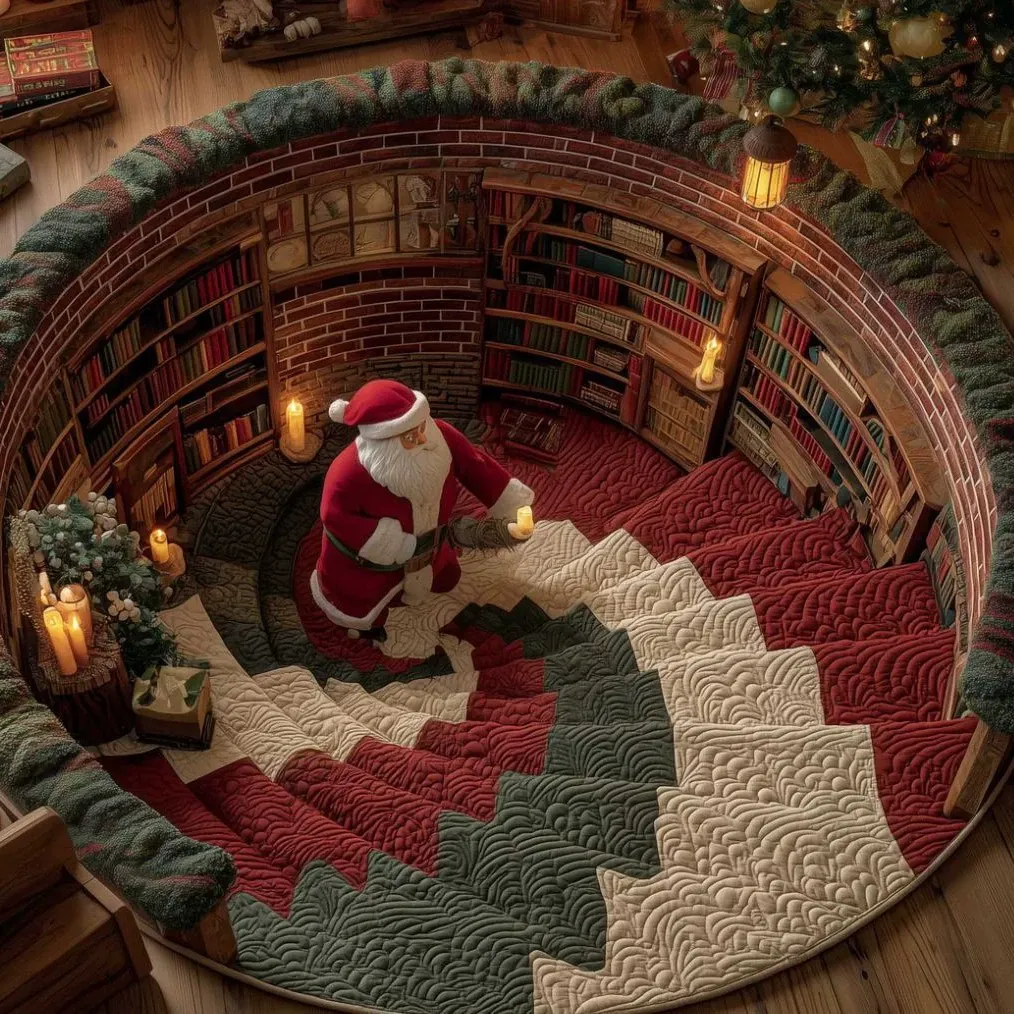 3D Christmas Optical Illusion Round Rug – Bottomless Hole Santa & Gnome Area Rug, Festive Holiday Doormat, Cozy Winter Home Floor Decor