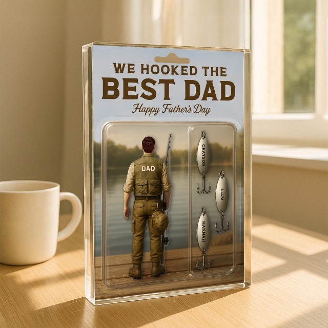 Custom Figure Personalized Acrylic Block Plaque WE HOOKED THE BEST DAD Celebrate Father's Day with Custom Fishhook The Ultimate Fishing Tribute Gift for Pops - Get Photo Blanket