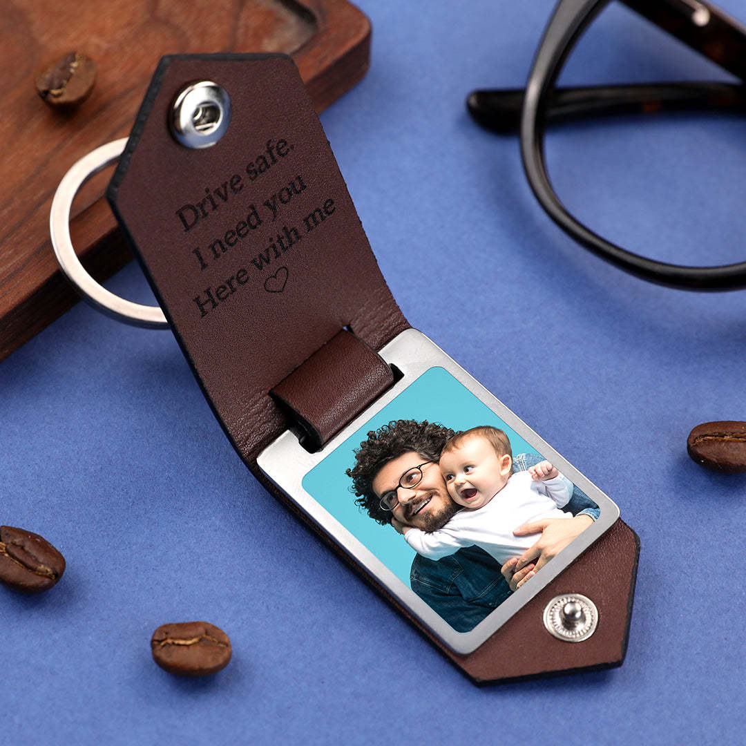 Gifts for Dad Custom Leather Photo Text Keychain Drive Safe for Father's Day