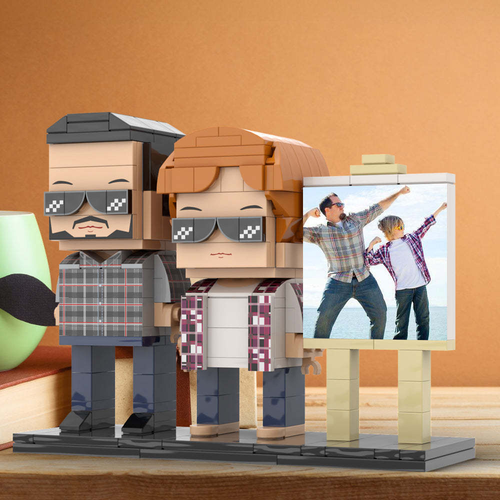 Full Body Customizable 2 People Daddy And His Son Have a Pose Towards Sun Photo Frame Personalized Custom Brick Figures Small Particle Block Toy Personalized For Father's Day - Get Photo Blanket