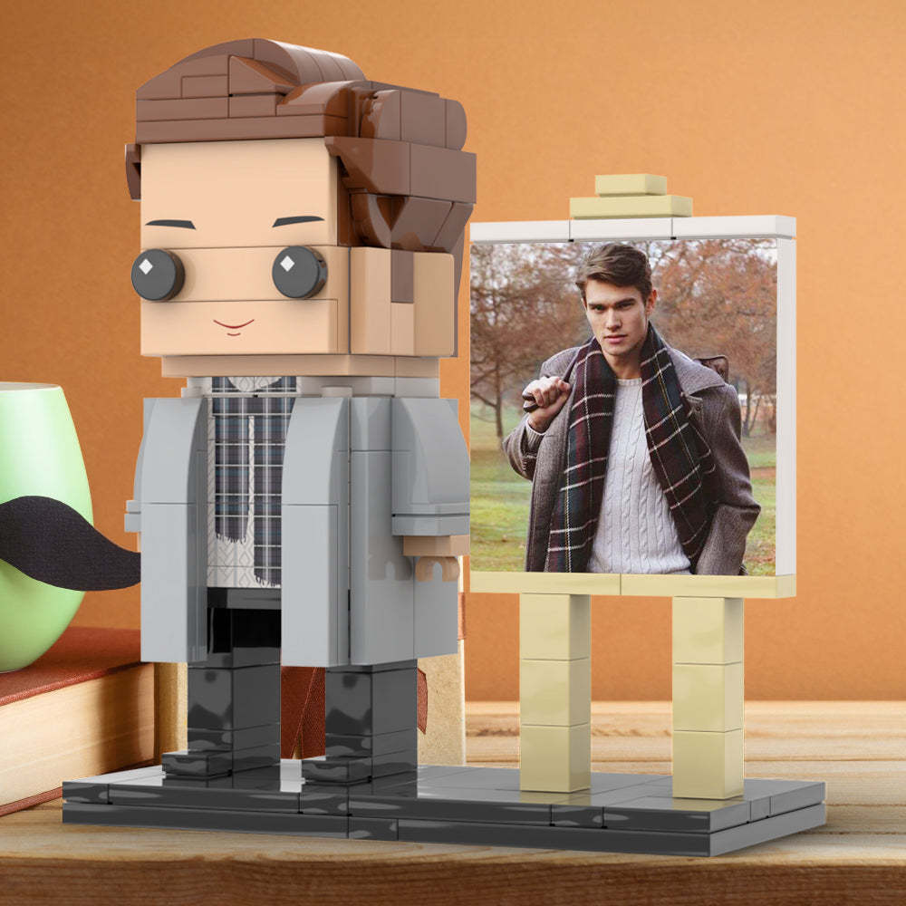 Full Body Customizable 1 Person Stylish Young Daddy With Scarf Custom Brick with Frame Figures Small Particle Block Toy Brick Me Figures For Father's Day - Get Photo Blanket