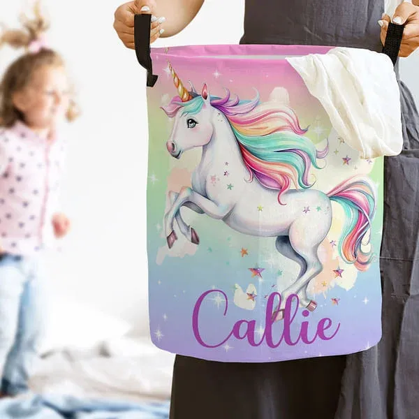 Personalized Fantasy Unicorn Name Large Toy Laundry Basket with Handle Waterproof Nursery Decoration Housewarming Gift for Kids