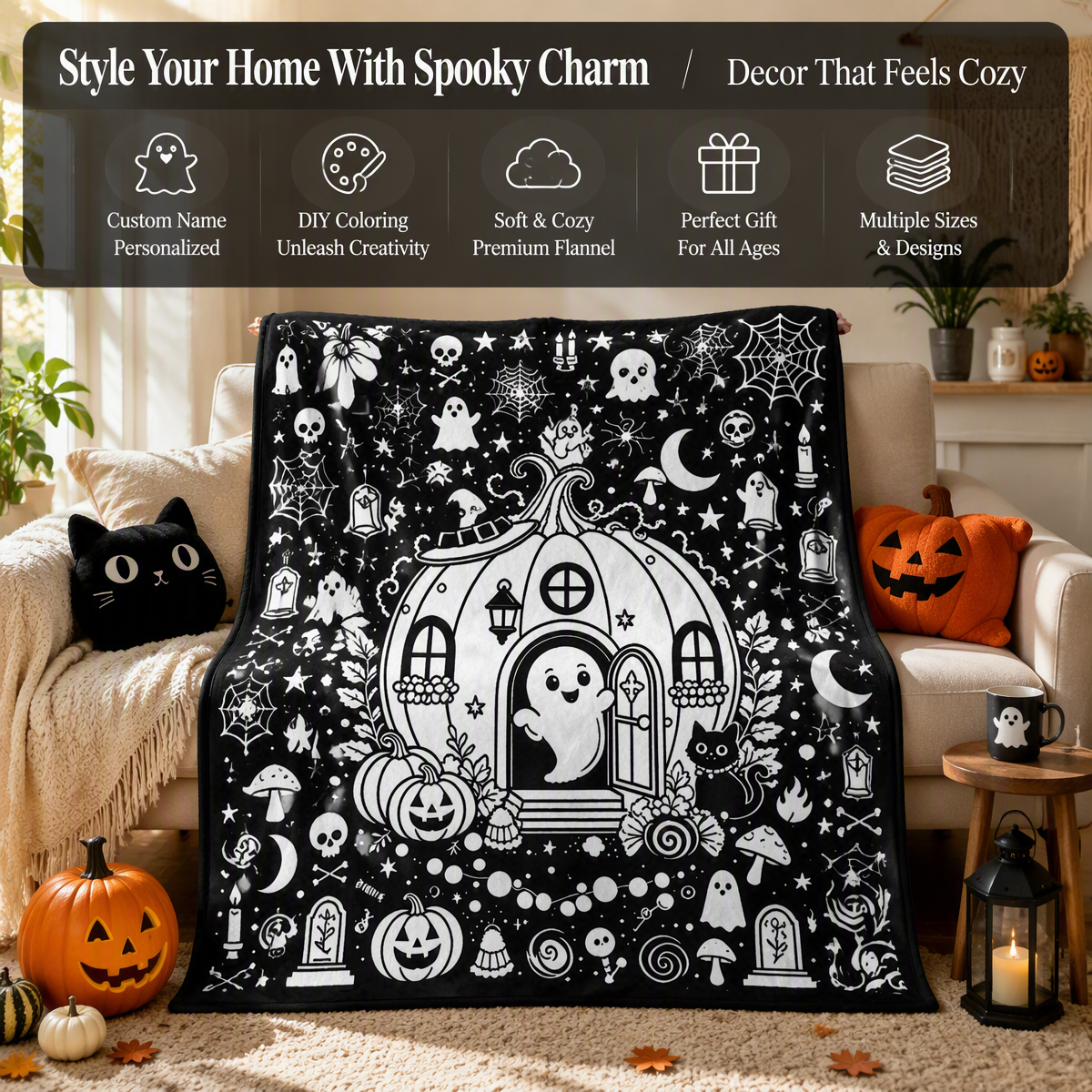 Halloween DIY Drawing Blanket – Creative Art Blanket for Kids & Adults, Spooky Halloween Activity Gift