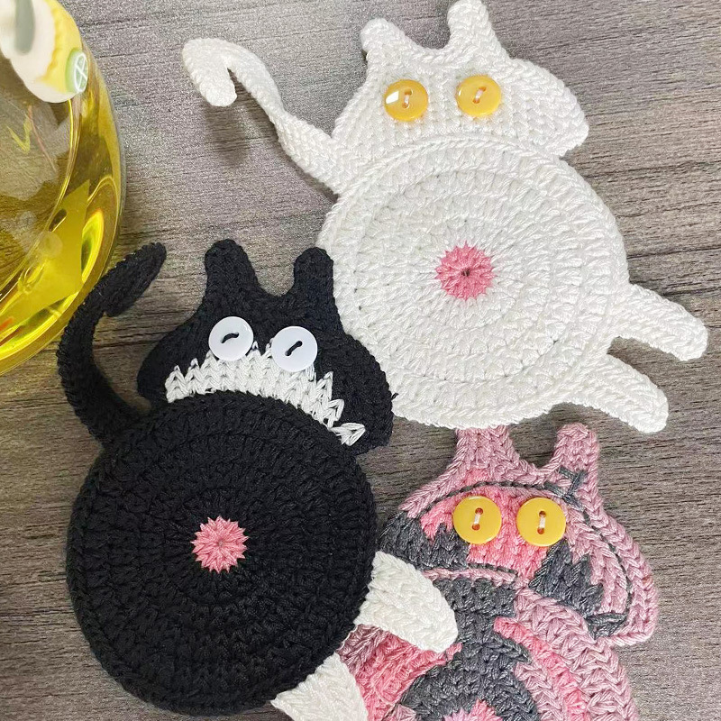 Handmade Crochet Cat Butt Coasters Eco-Friendly Home Decor