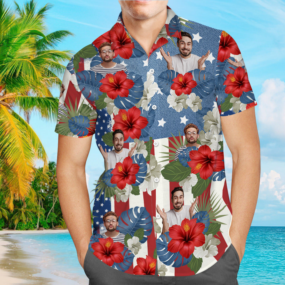 Custom Photo American Flag Hawaiian Shirt Tropical Independence Day Gift Shirt