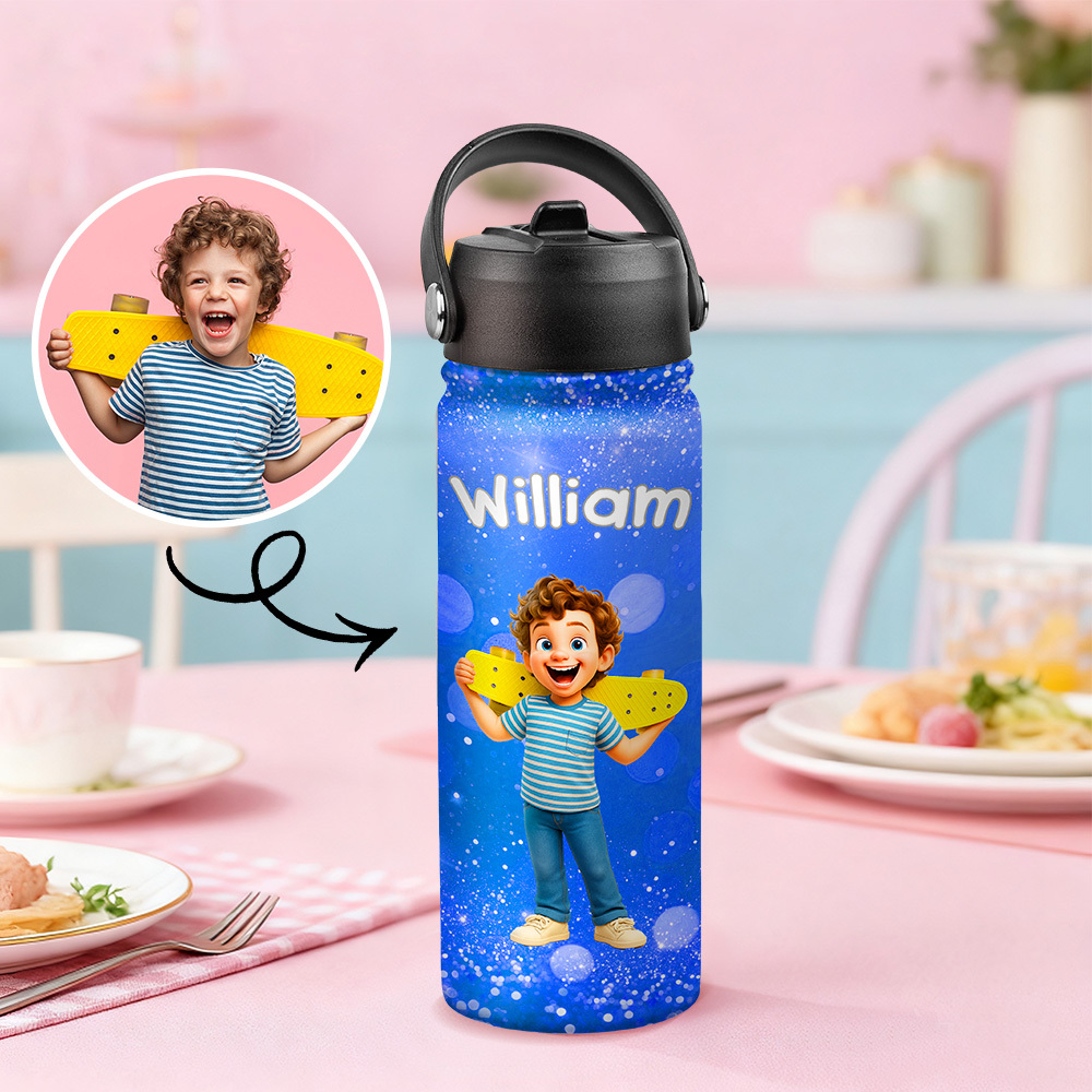 Custom Name Cartoon Kid Water Bottle, Stainless Steel Cup Birthday Gift for Kids - Get Photo Blanket