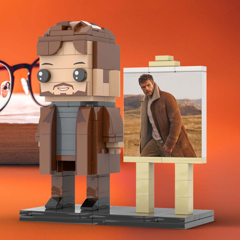 Full Body Customizable 1 Person Cool Young Daddy In Long Brown Coat Custom Brick with Frame Figures Small Particle Block Toy Brick Me Figures For Father's Day - Get Photo Blanket