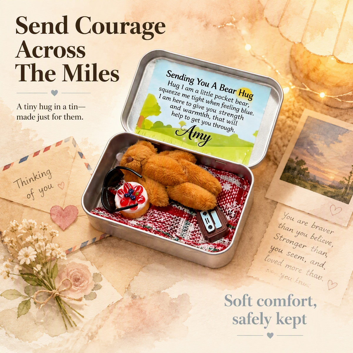 Custom Pocket Hug Tin Box Set – Personalized Mini Plush Animal Keepsake Comfort Gift for Her/Him