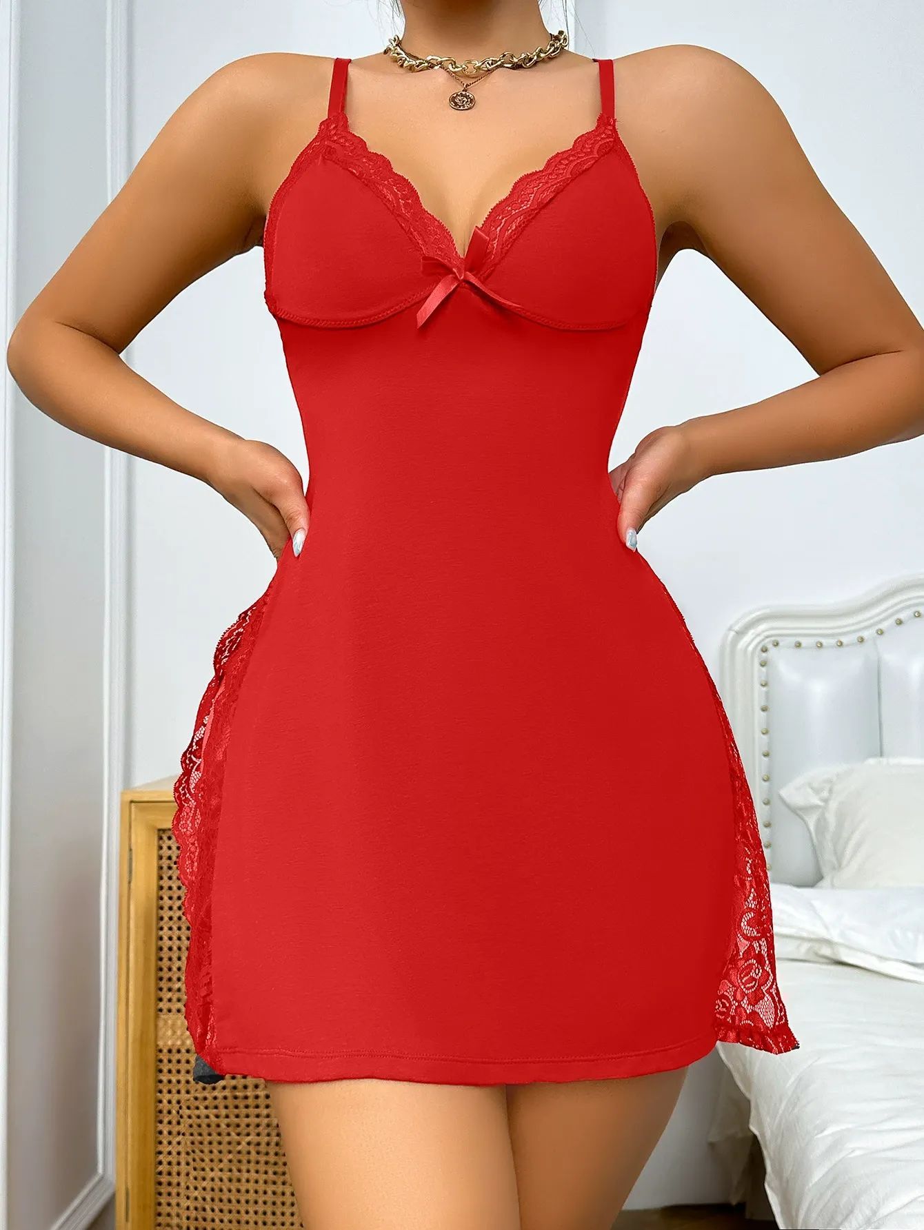 Women’s Lace Trim Modal Nightgown with Side Slit – Sexy Cami Sleep Dress, Cozy Nightwear – Ideal Valentine’s Day Gift - Get Photo Blanket