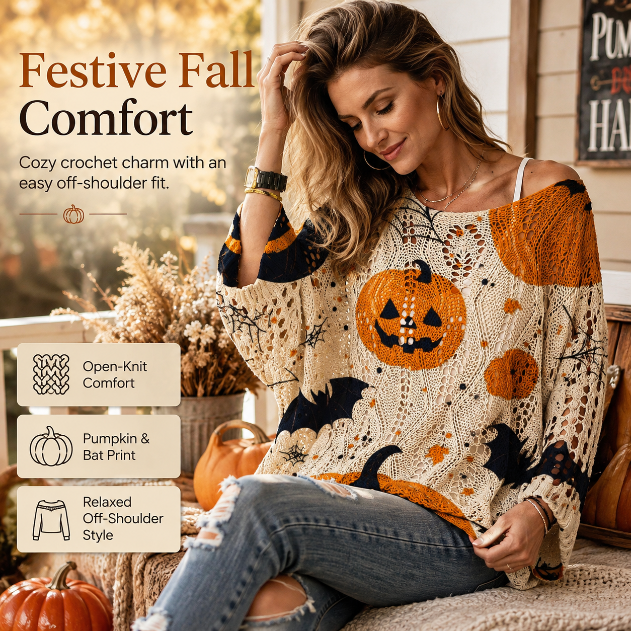 Halloween Pumpkin & Bat Open-Knit Sweater, Retro Relaxed Loose Fit for Fall Parties and Everyday Outfits