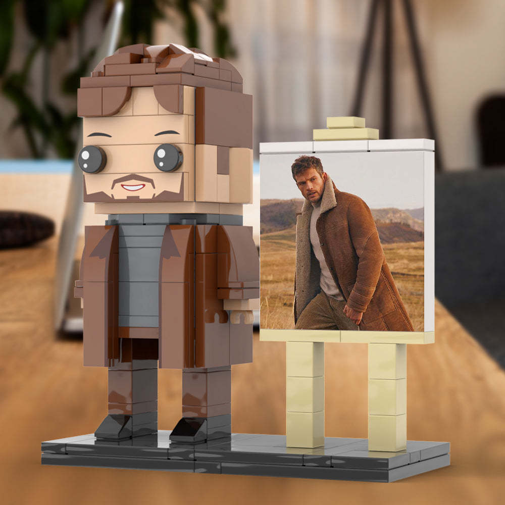 Full Body Customizable 1 Person Cool Young Daddy In Long Brown Coat Custom Brick with Frame Figures Small Particle Block Toy Brick Me Figures For Father's Day - Get Photo Blanket