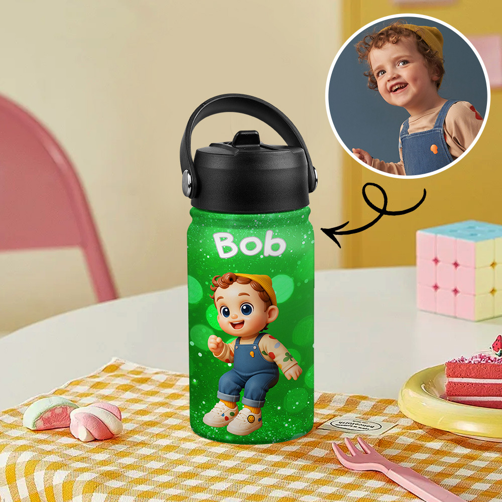 Custom Name Cartoon Kid Water Bottle, Stainless Steel Cup Birthday Gift for Kids - Get Photo Blanket