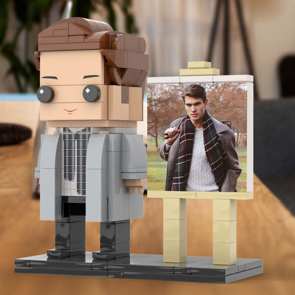 Full Body Customizable 1 Person Stylish Young Daddy With Scarf Custom Brick with Frame Figures Small Particle Block Toy Brick Me Figures For Father's Day - Get Photo Blanket