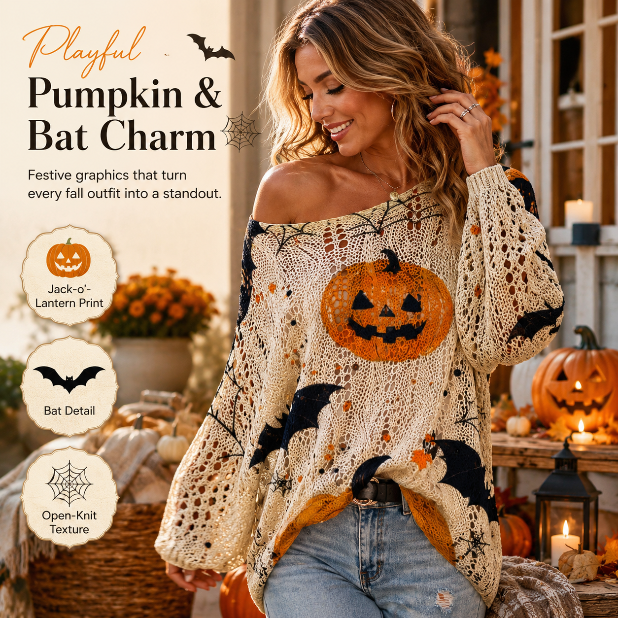 Halloween Pumpkin & Bat Open-Knit Sweater, Retro Relaxed Loose Fit for Fall Parties and Everyday Outfits