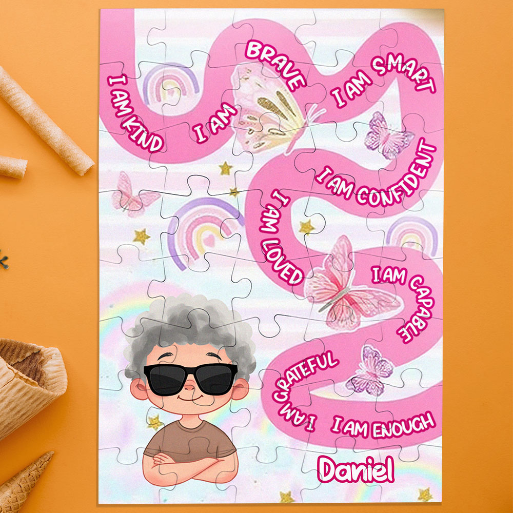 Personalized Puzzle Gift For Children Custom Name Affirmation I Am Puzzle with 5 Background Style Back to School Gift for Kids & Grandson - Get Photo Blanket