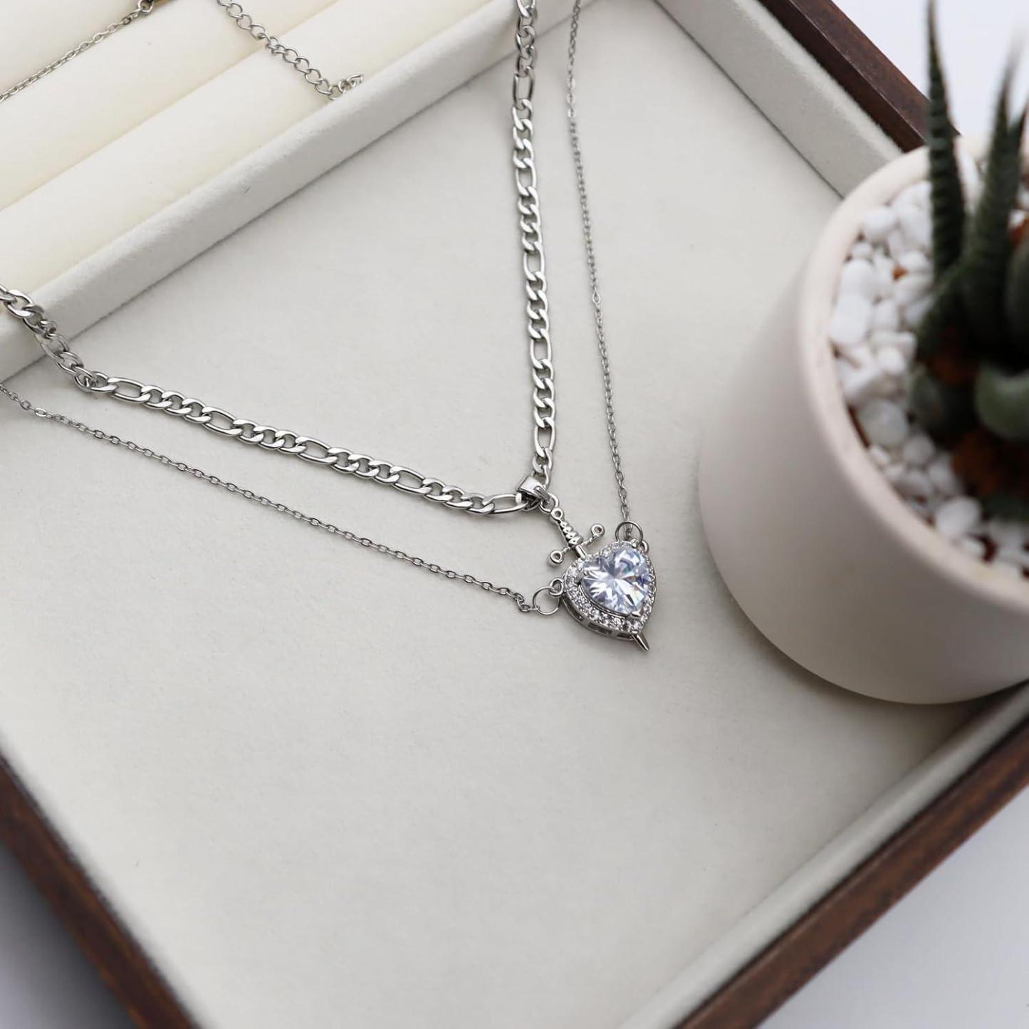 Heart Sword Necklace For Couples Stainless Steel Twist Water Wave Chain Cuban Chain Dainty Trendy Matching Sword And Heart Necklace Set Jewelry Gift - Get Photo Blanket