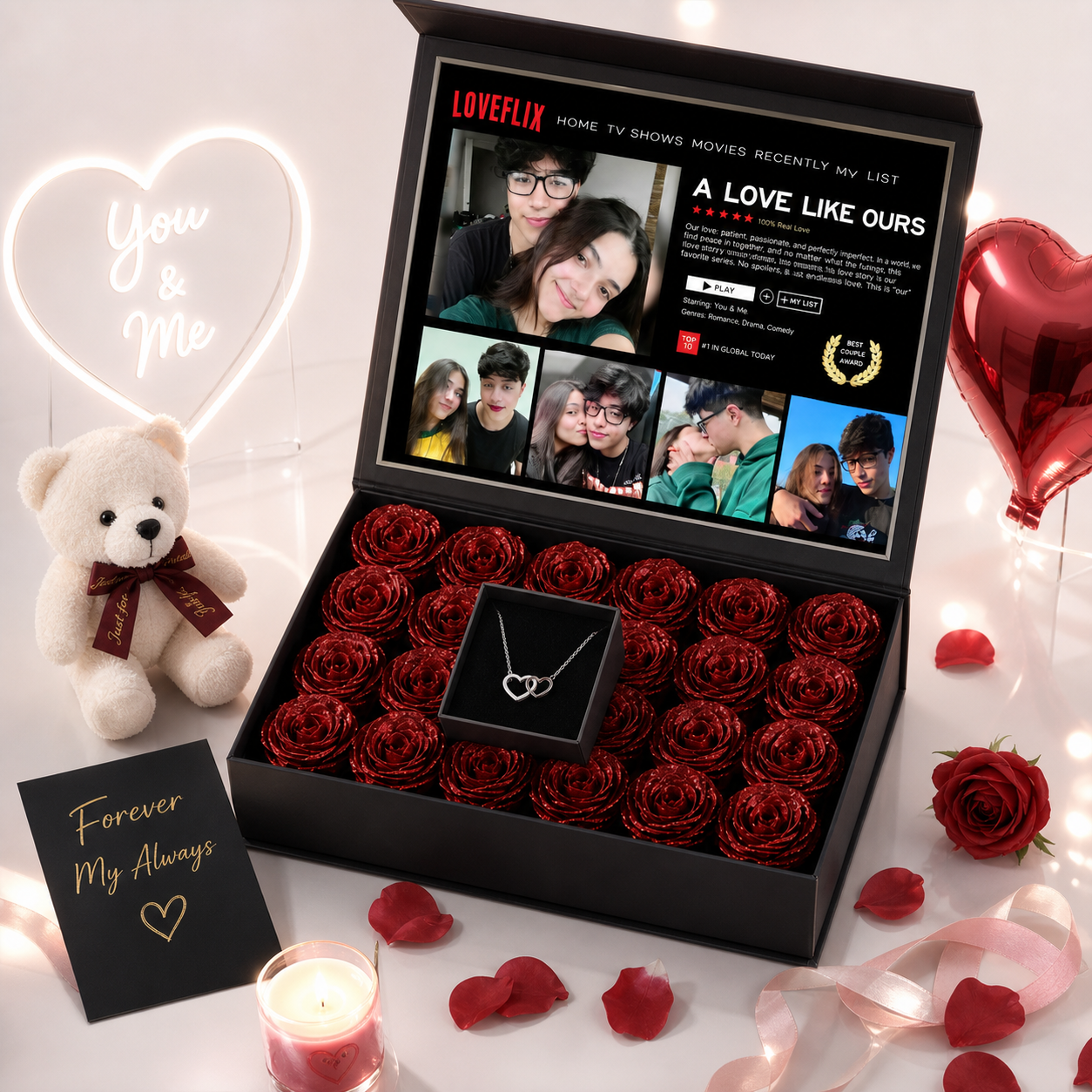 Custom LOVEFLIX Keepsake Box With Glitter Roses – Personalized Loveflix-Style Couple Gifts