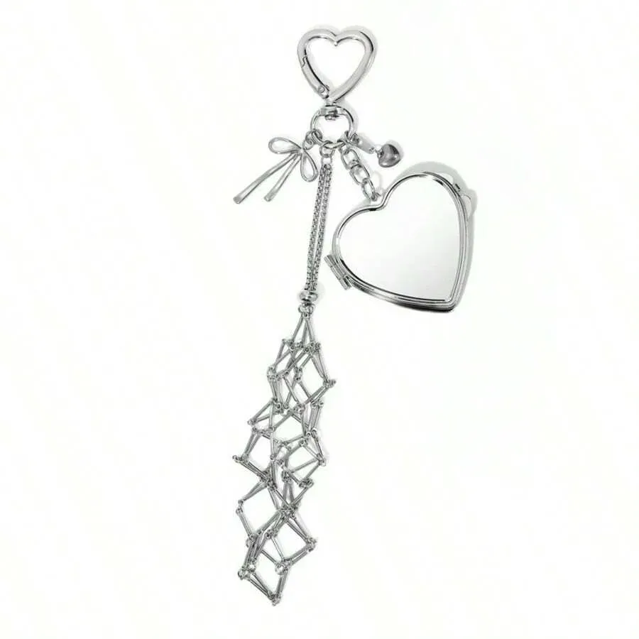 Metal Lipstick Holder Bag Charm Heart & Star Decor Lipstick Case Keychain With Mini Mirror Bag Pendant For Handbags