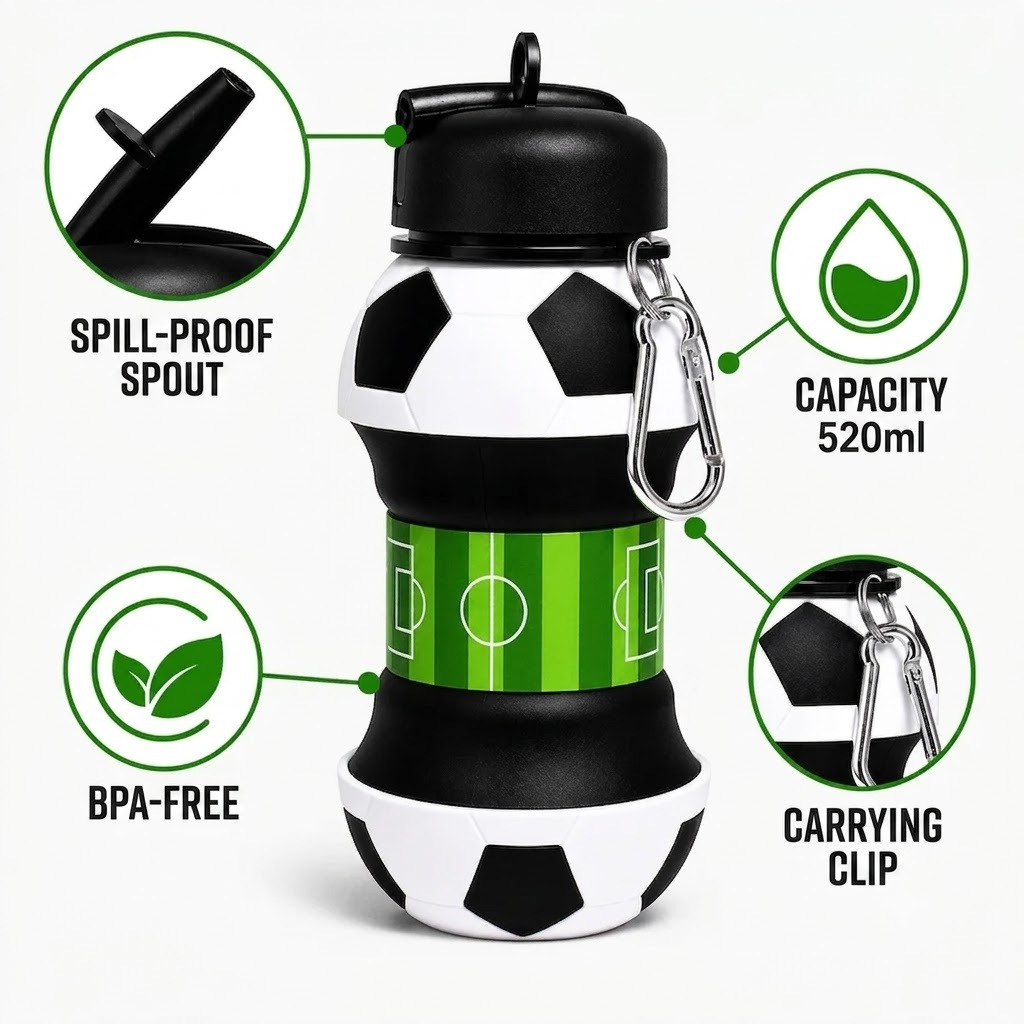 Collapsible Soccer Water Bottle for Kids Fun Foldable Silicone Sports Drink Bottle with Carabiner Clip Free School Travel Jug
