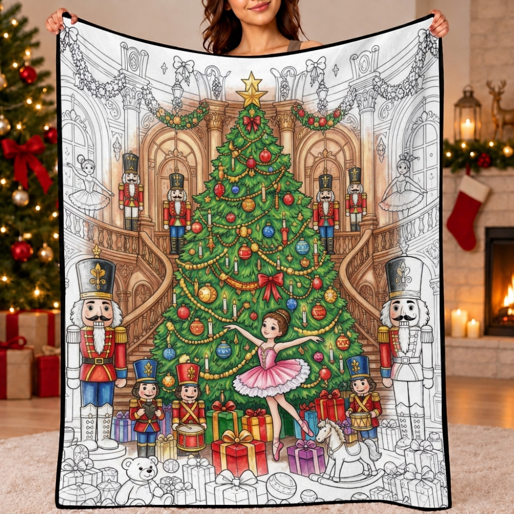 DIY Drawing Christmas Elements Blanket - Christmas Tree, Reindeer, Snowman & Gingerbread Holiday Art Blanket