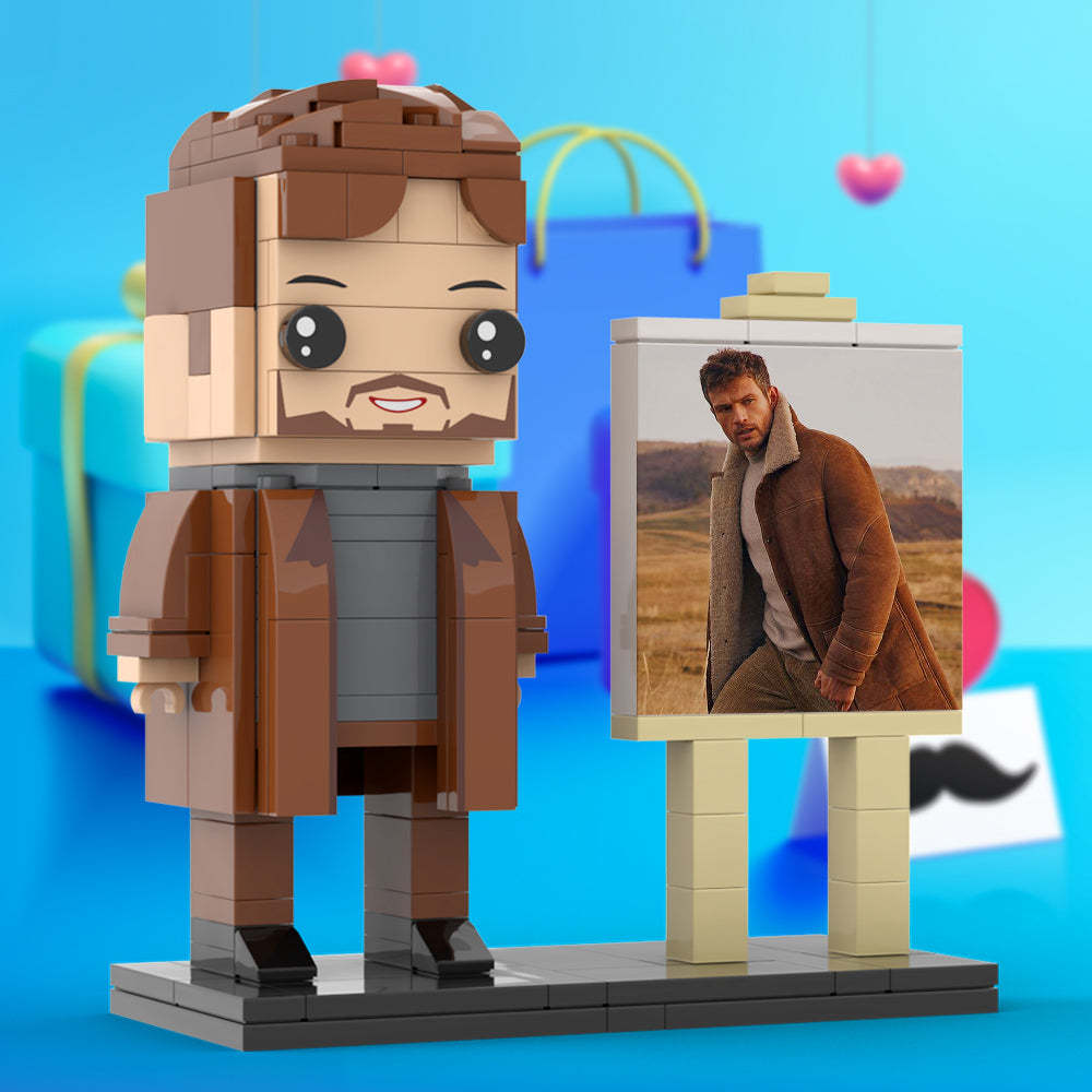 Full Body Customizable 1 Person Cool Young Daddy In Long Brown Coat Custom Brick with Frame Figures Small Particle Block Toy Brick Me Figures For Father's Day - Get Photo Blanket