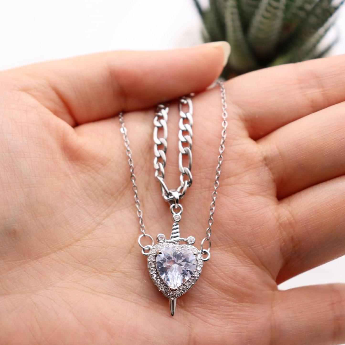 Heart Sword Necklace For Couples Stainless Steel Twist Water Wave Chain Cuban Chain Dainty Trendy Matching Sword And Heart Necklace Set Jewelry Gift - Get Photo Blanket