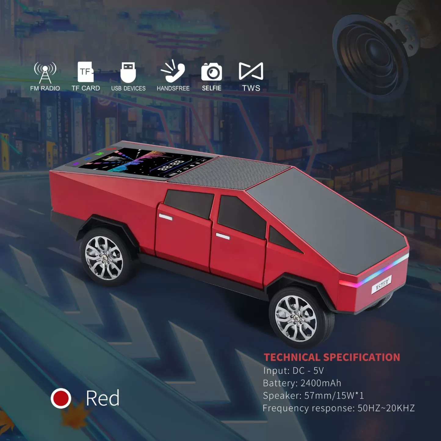 Cyberpunk Cars Portable Bluetooth Speaker Replica Car with Display Screen HD Sound TWS Pairing FM Radio Built-in Mic Remote Selfie Control LED Party Light Gift for Car Lovers