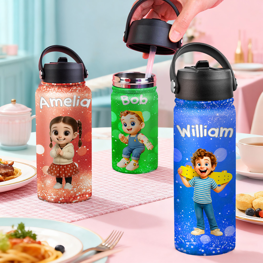 Custom Name Cartoon Kid Water Bottle, Stainless Steel Cup Birthday Gift for Kids - Get Photo Blanket