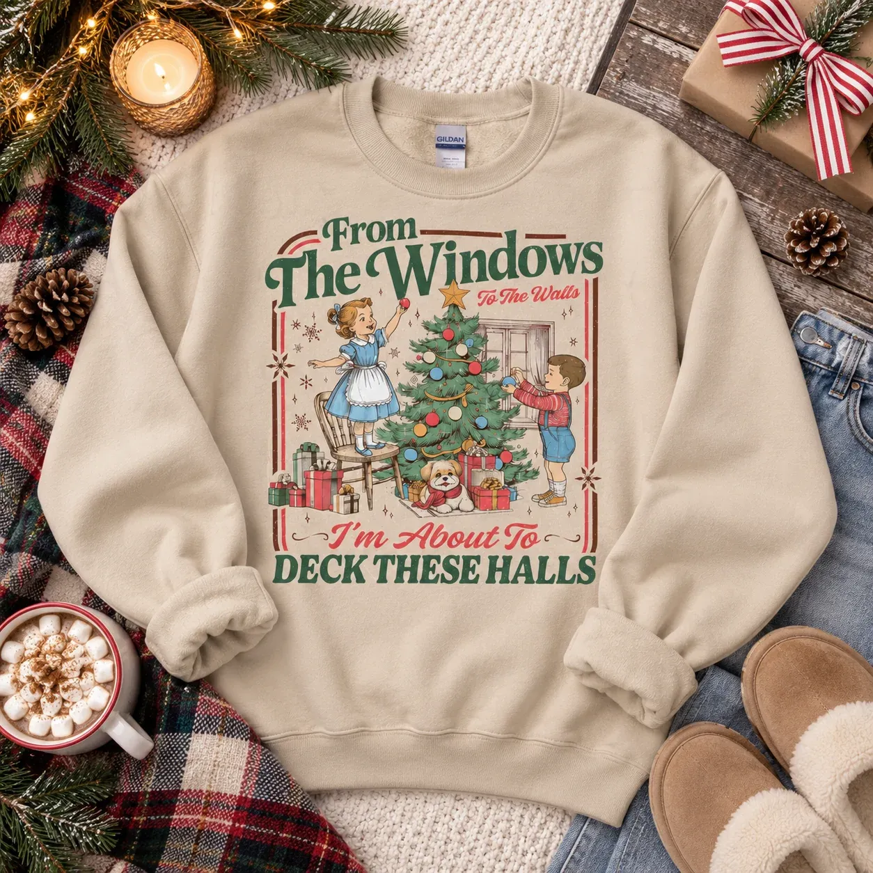 Funny Christmas Crewneck Sweatshirt - Vintage Deck These Halls Holiday Sweater for Men & Women