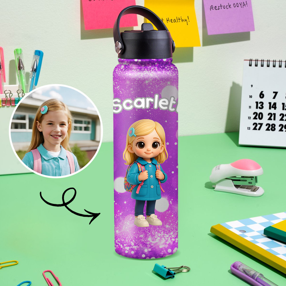 Custom Name Cartoon Kid Water Bottle, Stainless Steel Cup Birthday Gift for Kids - Get Photo Blanket