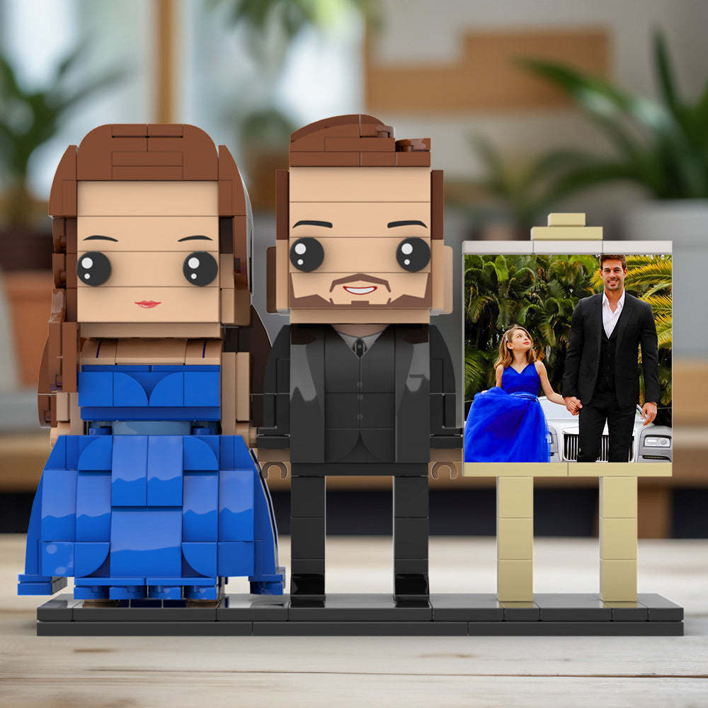 Full Body Customizable 2 People Dad And His Daughter In Perfect Blue Dress Photo Frame Personalized Custom Brick Figures Small Particle Block Toy Personalized For Father's Day - Get Photo Blanket