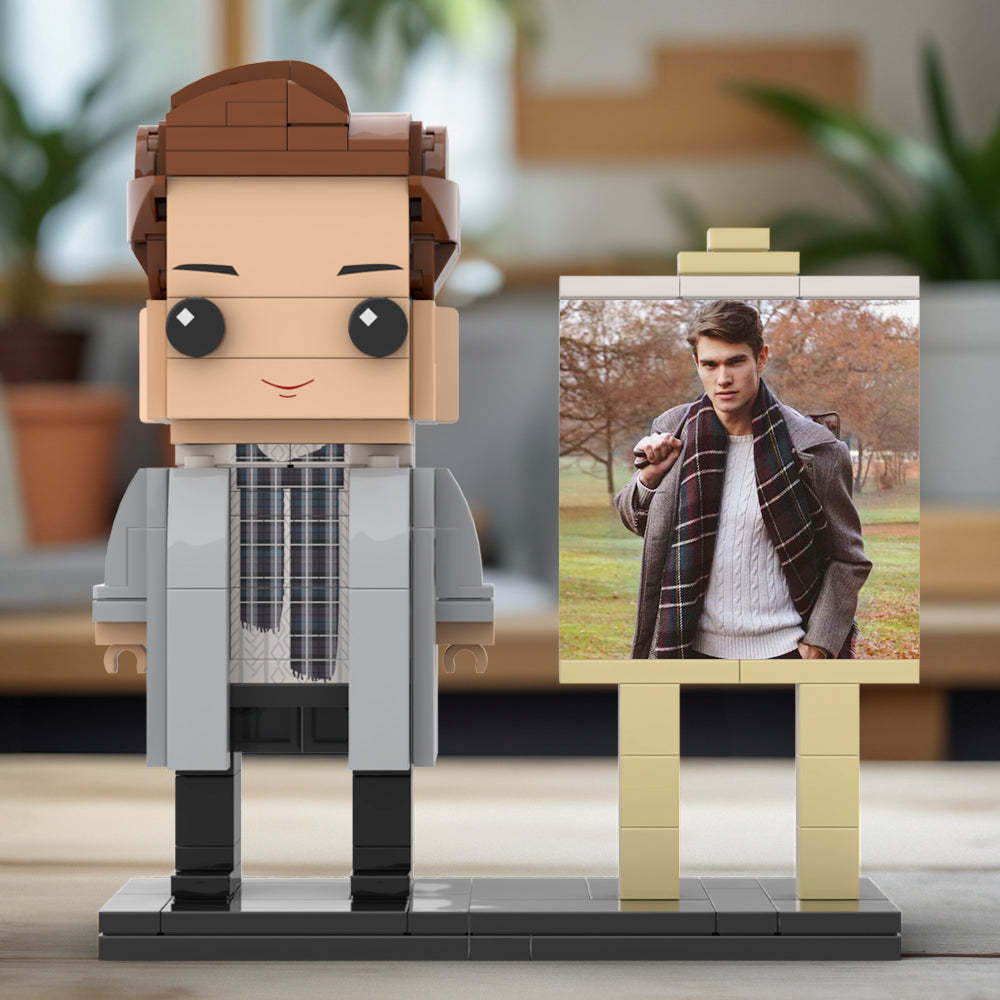 Full Body Customizable 1 Person Stylish Young Daddy With Scarf Custom Brick with Frame Figures Small Particle Block Toy Brick Me Figures For Father's Day - Get Photo Blanket
