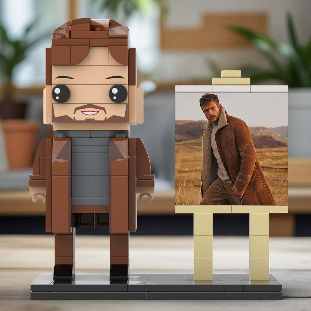 Full Body Customizable 1 Person Cool Young Daddy In Long Brown Coat Custom Brick with Frame Figures Small Particle Block Toy Brick Me Figures For Father's Day - Get Photo Blanket