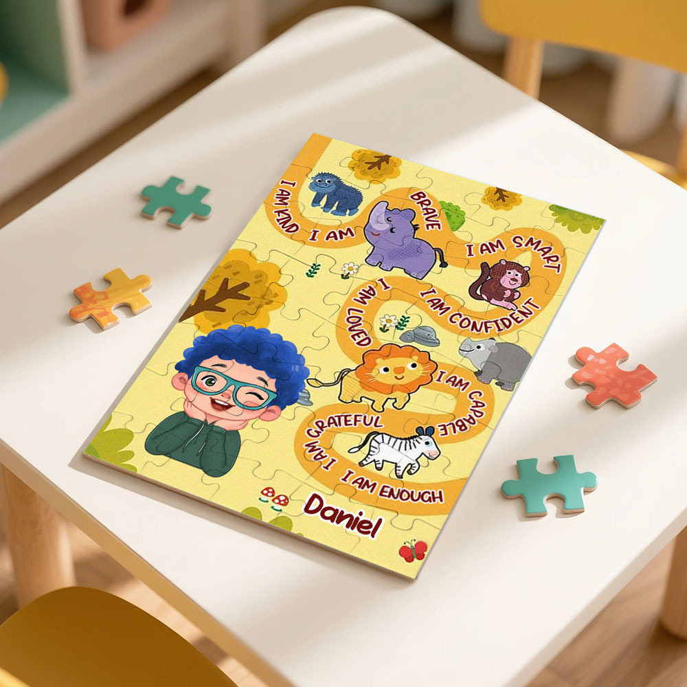 Personalized Puzzle Gift For Children Custom Name Affirmation I Am Puzzle with 5 Background Style Back to School Gift for Kids & Grandson - Get Photo Blanket