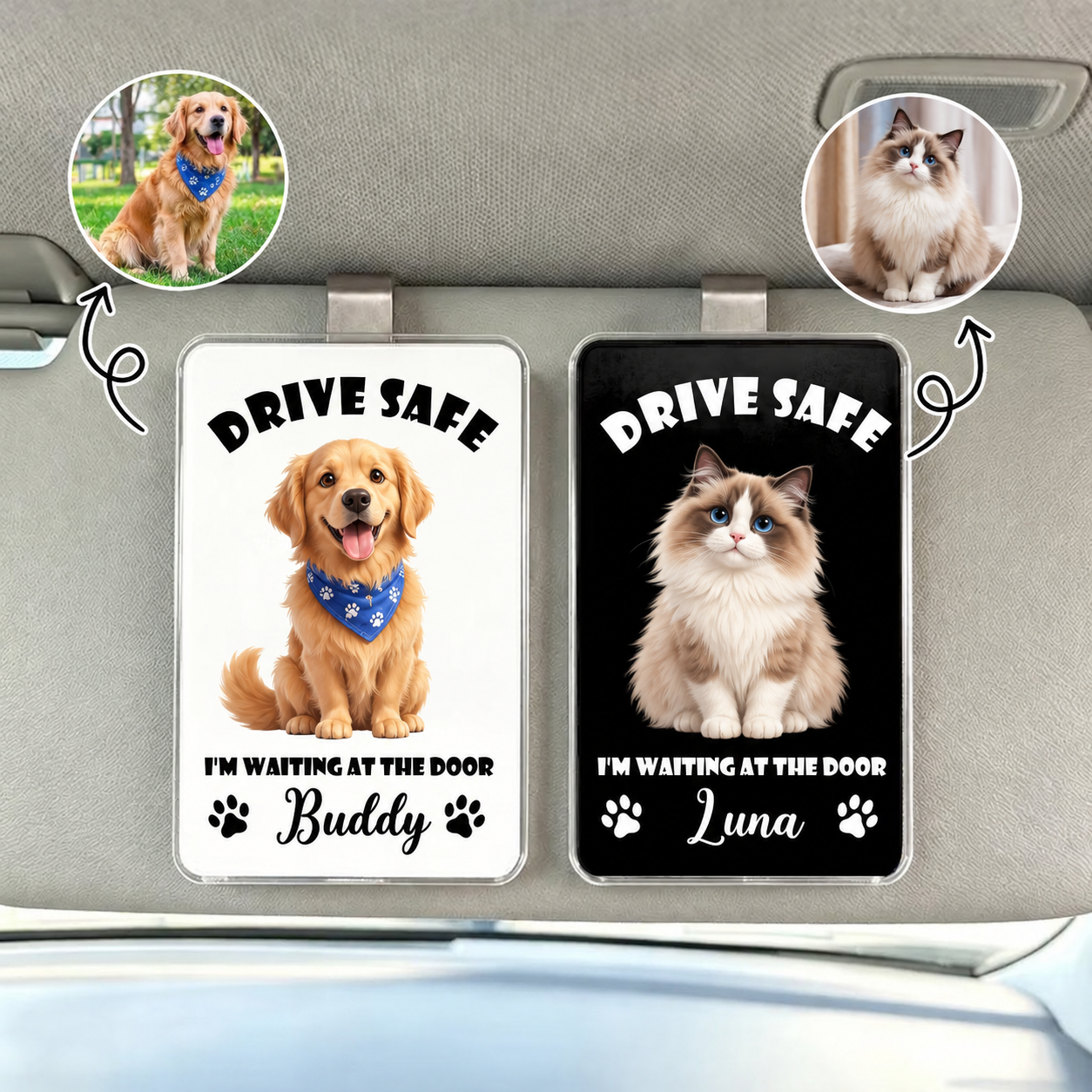 Custom Pet Photo Car Sun Visor Clip – Personalized Pet Portrait & Text for a Heartwarming Car Interior Decor